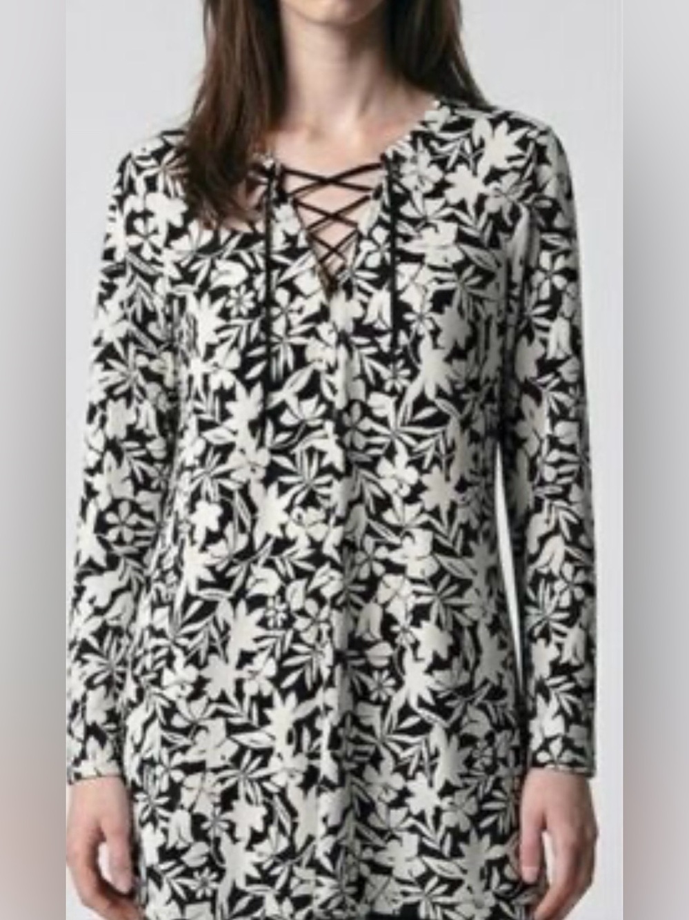Lands’ End Black & White Tropical Floral Cotton Tunic Dress Roll Tab Sleeves